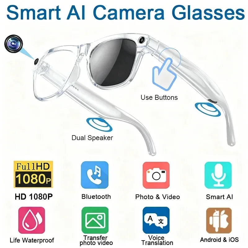 Lenovo 2026 New 8K Bluetooth AI Glasses 1200MP HD Camera Chat GPT Voice Assistant Music Player Translate Call Smart Sunglasses