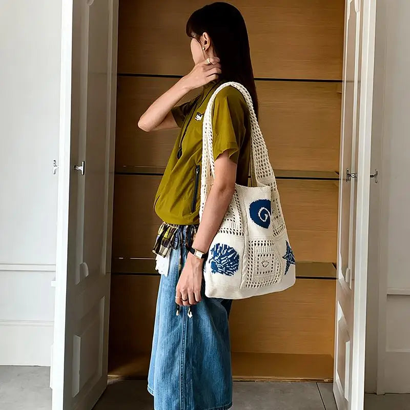 Designer Knitted High-capacity Tote Bags Women's Summer Beach Bag Casual Hollow Woven Underarm Shoulder Bag