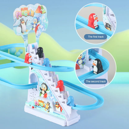 Kids Electric Climbing Stairs Toy DIY Small Penguin Dinosaur Rail Racing Track Music Roller Coaster Duck Toy For Baby Kids Gift