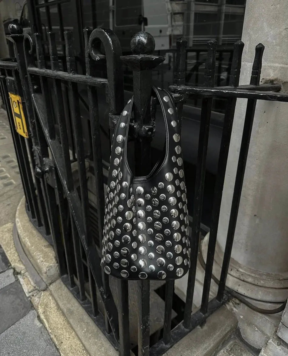 Women's Bags Punk Style Embellished Double-Faced Round Rivet Inlaid Niche Luxury Bucket Bag Chic Lady Underarm Shoulder Bag