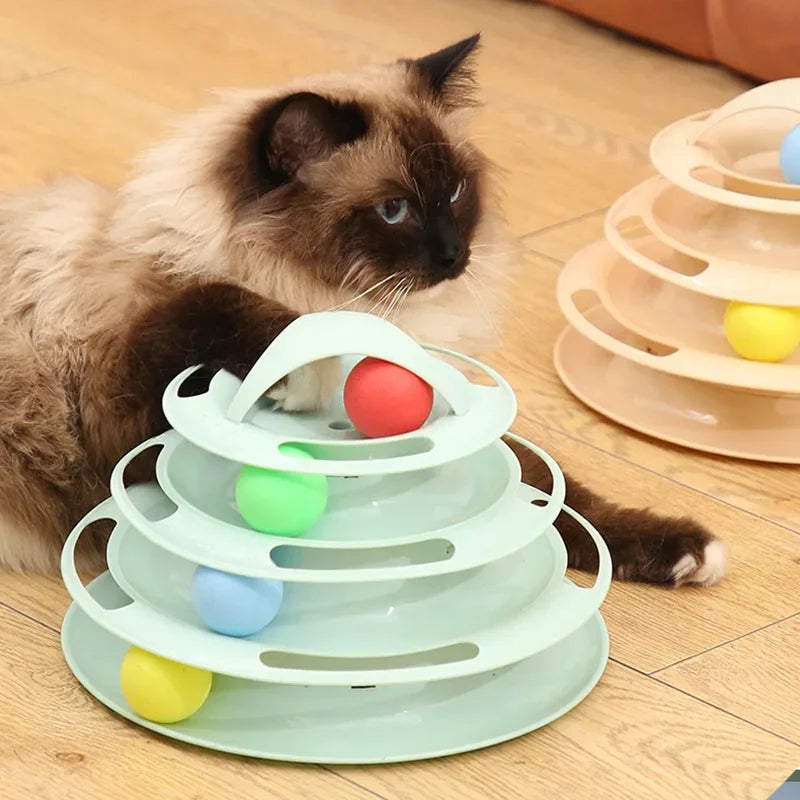 Turnable Toys 4 Levels for Cats Accessories Tower Tracks with Balls Cat Toy Interactive Intelligence Training with Fun Cat Stick