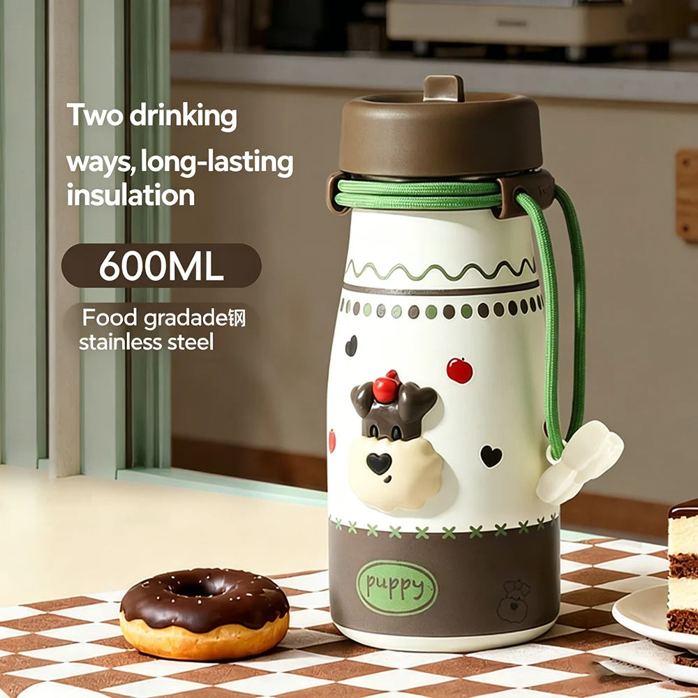 600ml Cute Cartoon Stainless Steel Water Bottle Leakproof Double Wall Insulated Tumbler with Portable Lanyard Students Outdoor