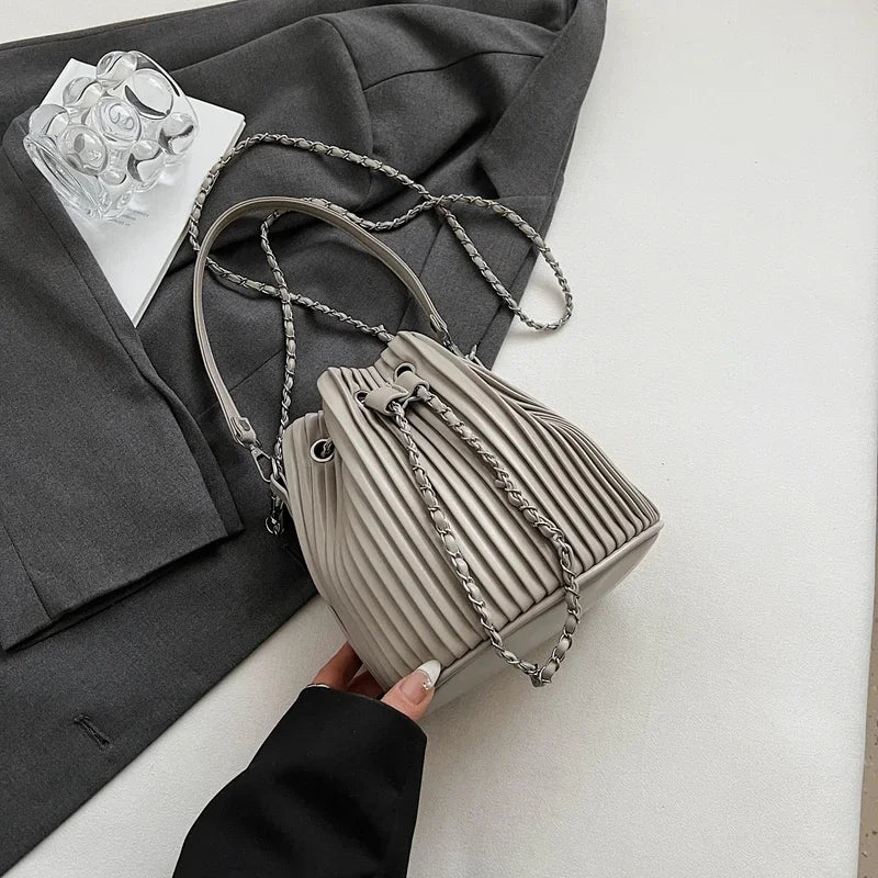 Black Bag For Women Fashion Pleated Strape Design Shoulder Bag Trend Drawstring Bucket Crossbody