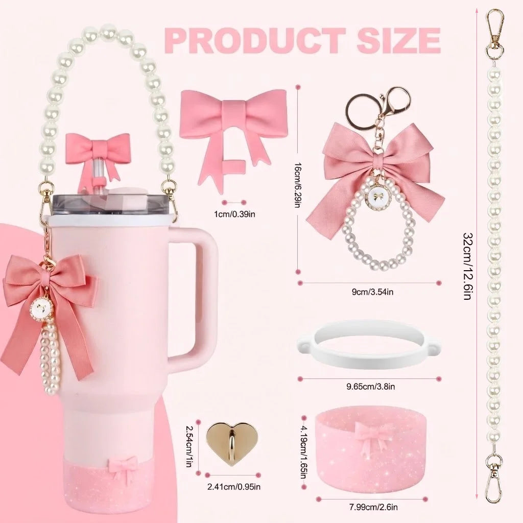 6pcs Tumbler Accessories Set for Stanley 40oz 30oz Cup, Perfect Gift, Coquette Bow & Pearl Style Water Bottle Decor for Gift