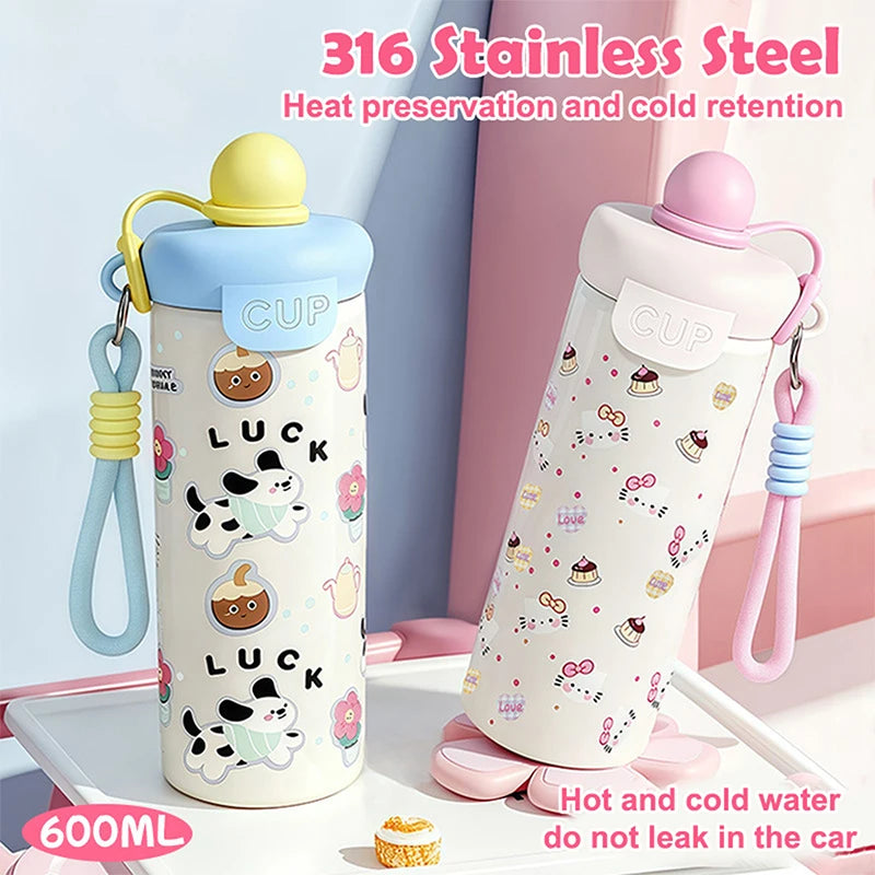 〔R〕Cartoon Animal Float Ball Water Bottle - 316 Stainless Steel Insulated Tumbler with Straw & Carry Strap for Kids and Students