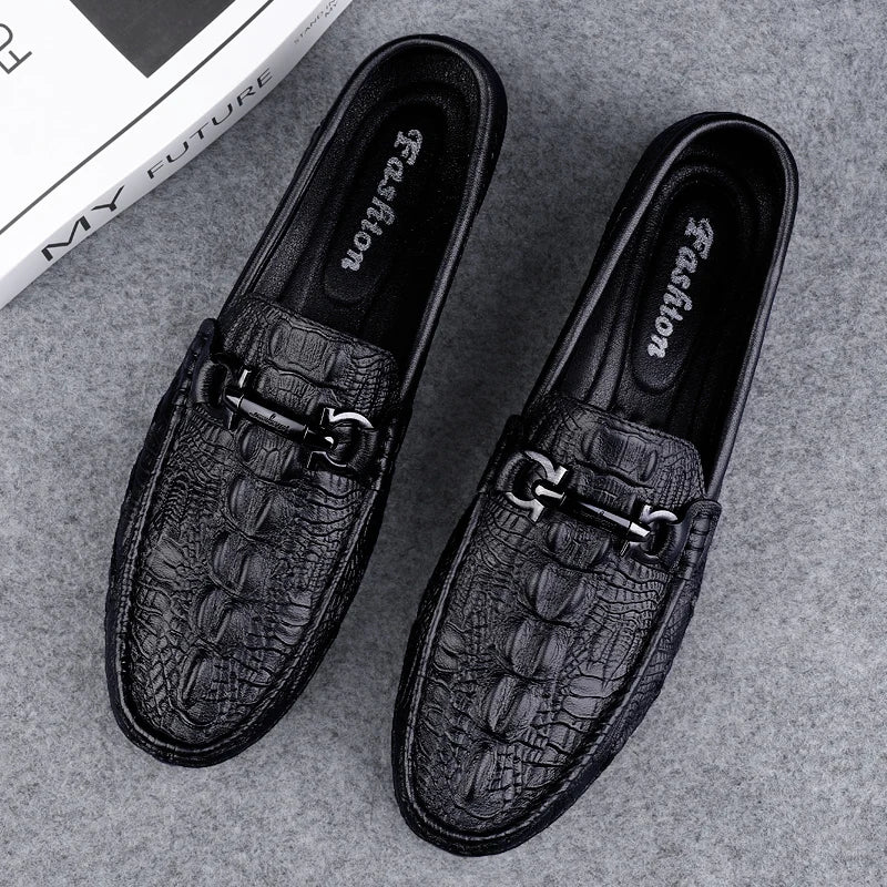 Mens Slip On Loafers Genuine Leather Casual Shoes Driving Moccasins Flats Luxury Brand Classic Black Handmade