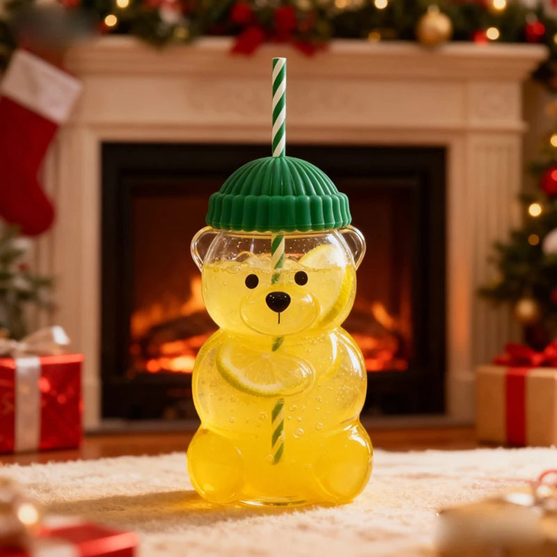 Transparent Bear Shape Plastic Or Glass Cup With Straw Coffee Mug For Men Women Birthday Christmas Gift Beverage Milk Tea Cup