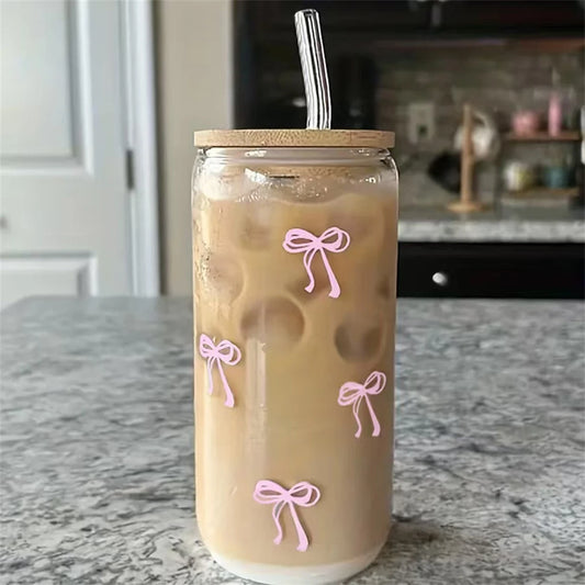 Pink Bow Cute Glass Cups with Lids and Straw Tumbler Glass 500ml for Iced Milk Coffee Smoothie Cocktail Matcha Juice Cup