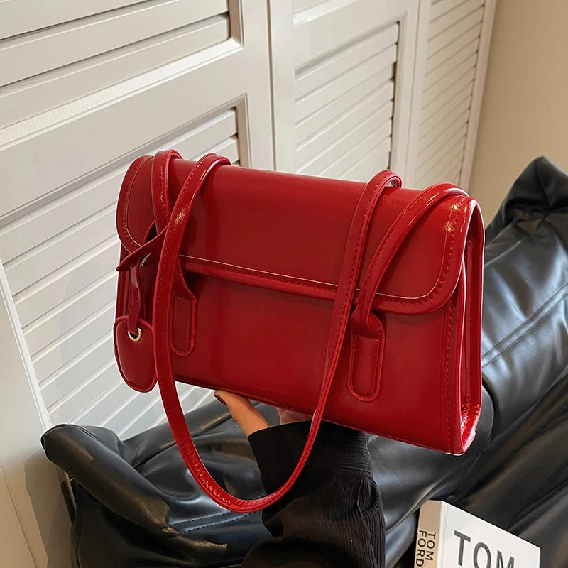 Fashion Red Shoulder Bags For Women Trendy Textured Solid Color Handbag Autumn Winter Versatile Female Underarm Pack