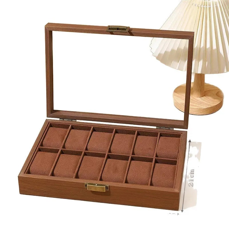 12 Slot Wooden Watch Box with Glass Lid Outside Wood Watch Display Case Gift Box Storage Organizer Props