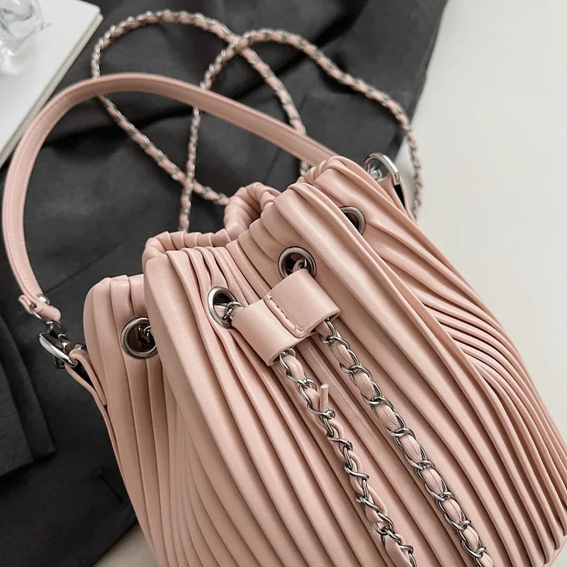 Black Bag For Women Fashion Pleated Strape Design Shoulder Bag Trend Drawstring Bucket Crossbody