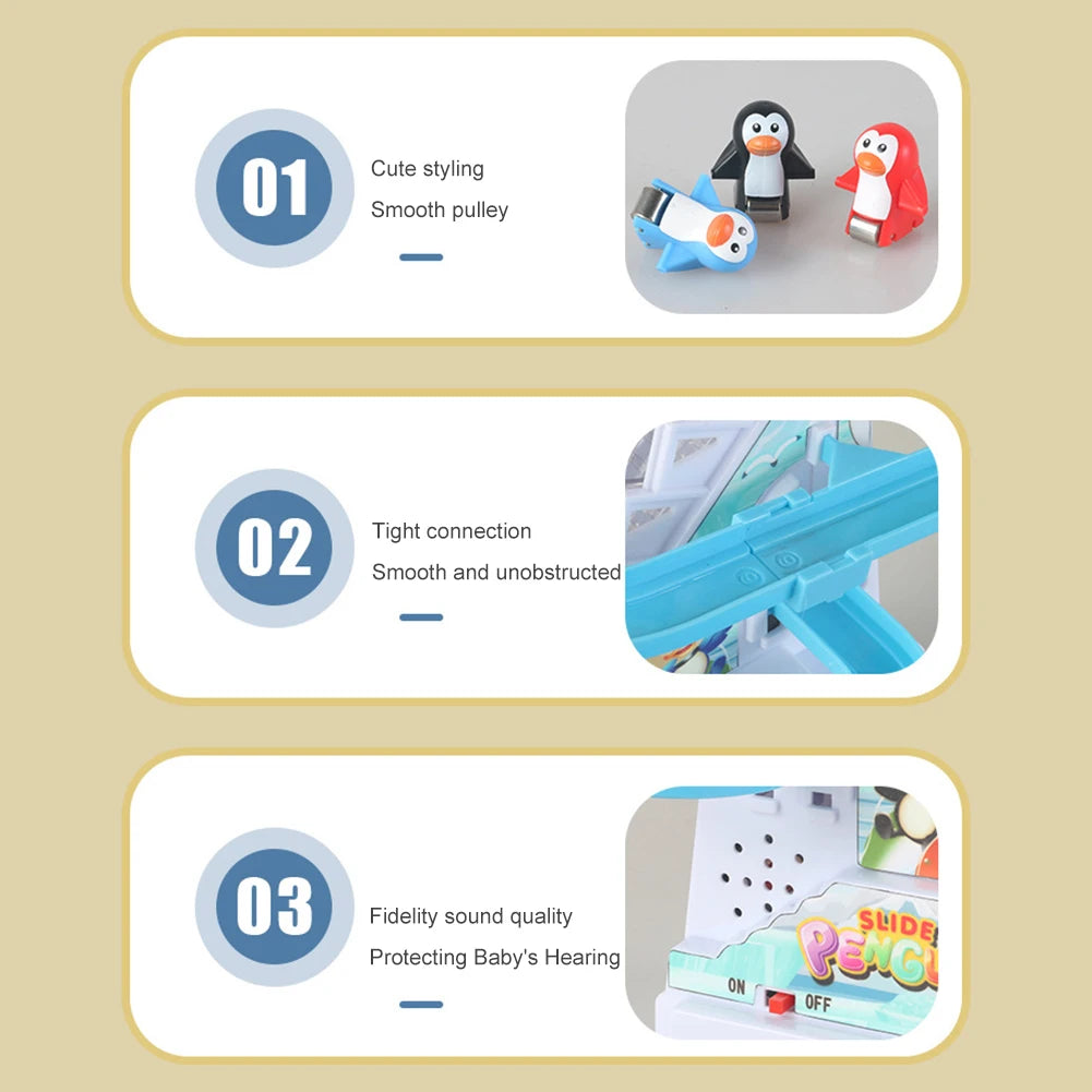 Kids Electric Climbing Stairs Toy DIY Small Penguin Dinosaur Rail Racing Track Music Roller Coaster Duck Toy For Baby Kids Gift