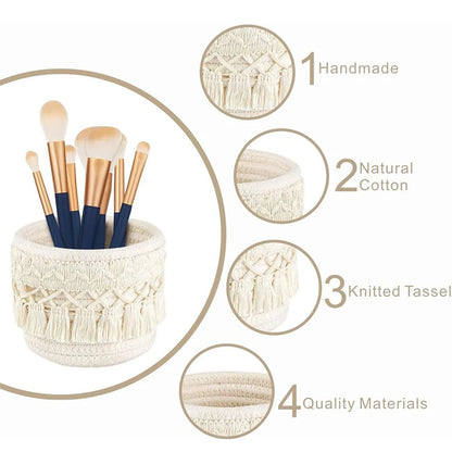 Macrame Makeup Organizer Boho Wicker Pencil Holder Makeup Brush Holder Organizer Comb Brushes Mini Storage Basket