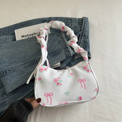 Women's Bag Summer Canvas Pleated Handlebags Armpit Bag Korean Floral Bow Printed Zipper Tote Bag Female Small Shoulder Bags