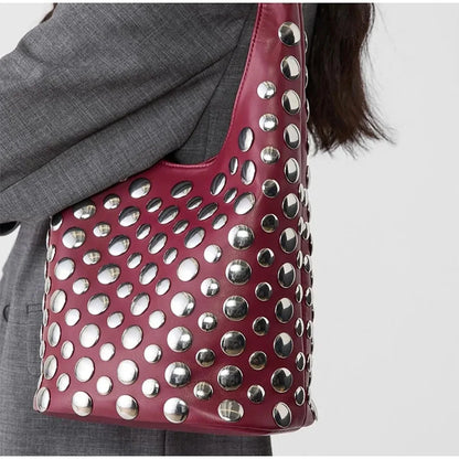 Women's Bags Punk Style Embellished Double-Faced Round Rivet Inlaid Niche Luxury Bucket Bag Chic Lady Underarm Shoulder Bag