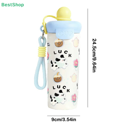 Cartoon Animal Float Ball Water Bottle - 316 Stainless Steel Insulated Tumbler with Straw & Carry Strap for Kids and Students