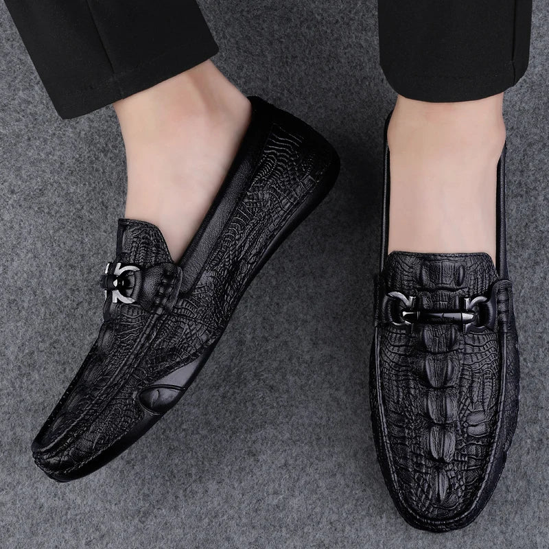 Mens Slip On Loafers Genuine Leather Casual Shoes Driving Moccasins Flats Luxury Brand Classic Black Handmade