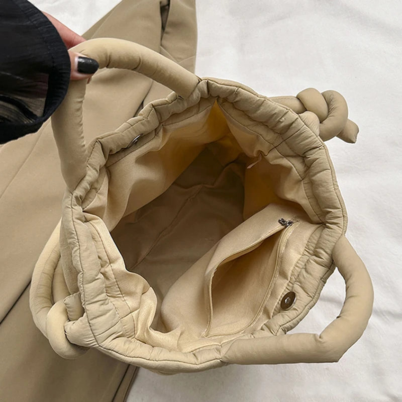 Casual Large Capacity Puffer Tote Bag Designer Padded Nylon Women Handbags Knotted Strap Shouder Crossbody Bags Warm Sac 2024
