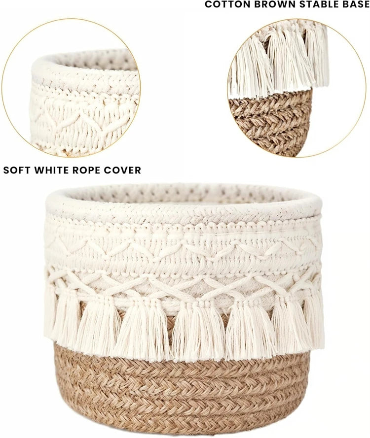LMETJMA Macrame Makeup Organizer Boho Wicker Pencil Holder Makeup Brush Holder Organizer Comb Brushes Mini Storage Basket