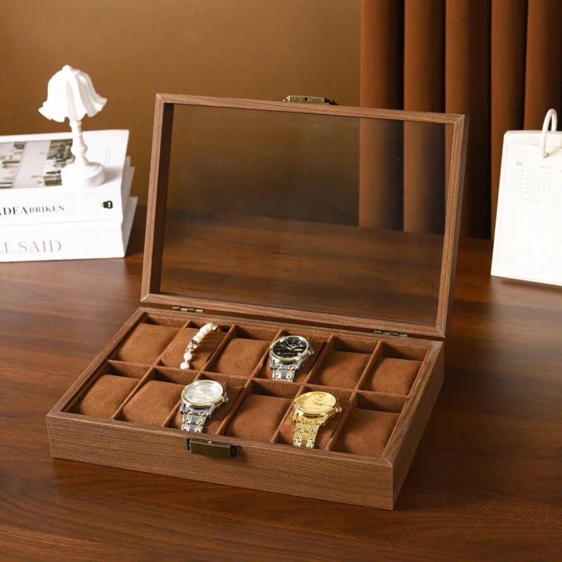 12 Slot Wooden Watch Box with Glass Lid Outside Wood Watch Display Case Gift Box Storage Organizer Props