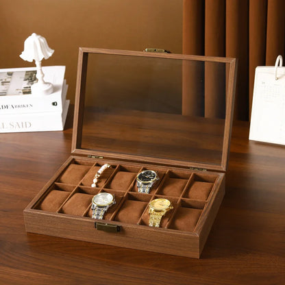 12 Slot Wooden Watch Box with Glass Lid Outside Wood Watch Display Case Gift Box Storage Organizer Props
