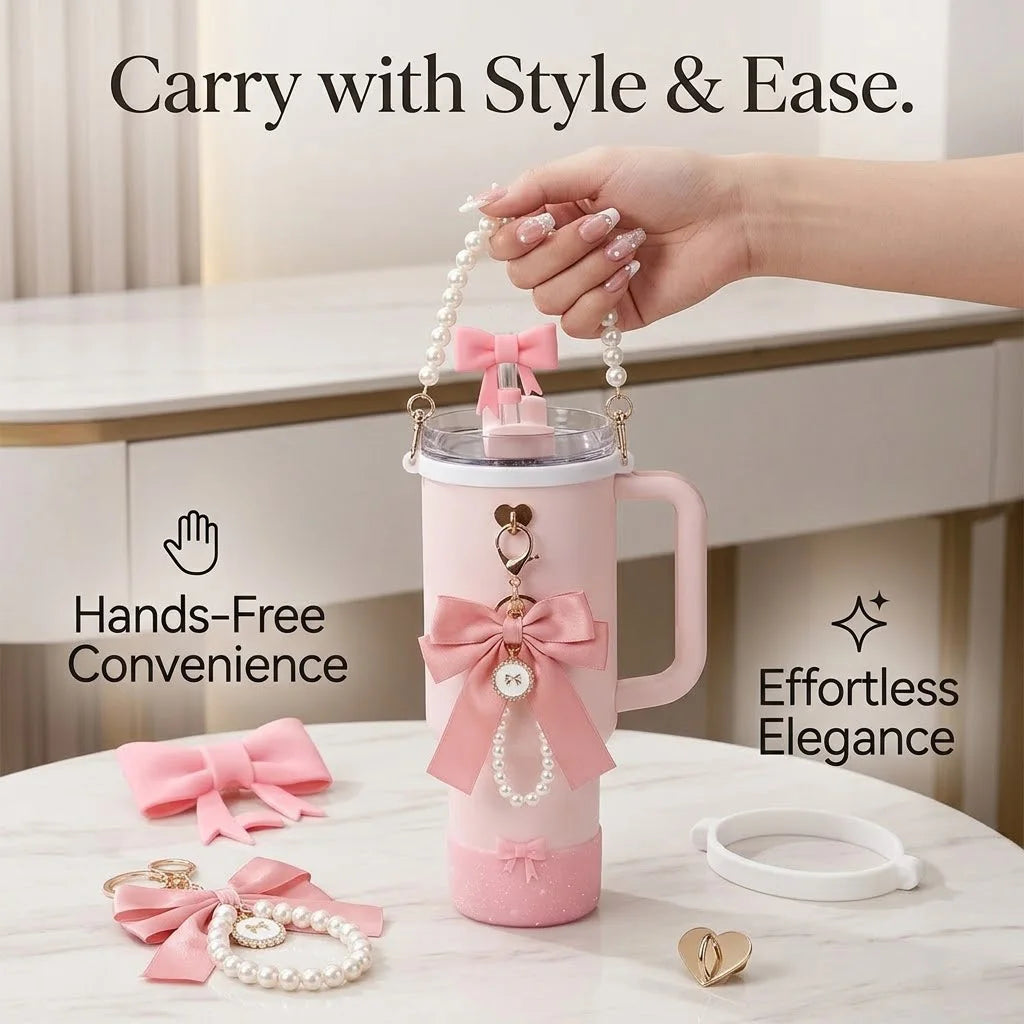 6pcs Tumbler Accessories Set for Stanley 40oz 30oz Cup, Perfect Gift, Coquette Bow & Pearl Style Water Bottle Decor for Gift