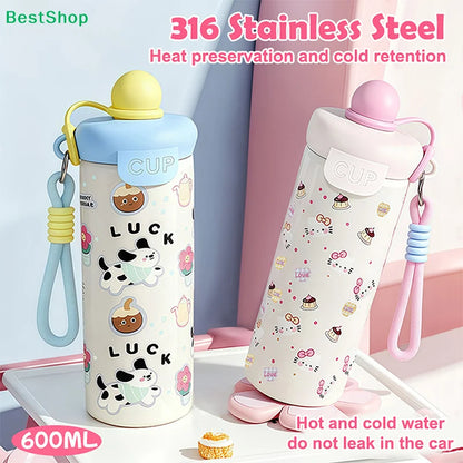 Cartoon Animal Float Ball Water Bottle - 316 Stainless Steel Insulated Tumbler with Straw & Carry Strap for Kids and Students