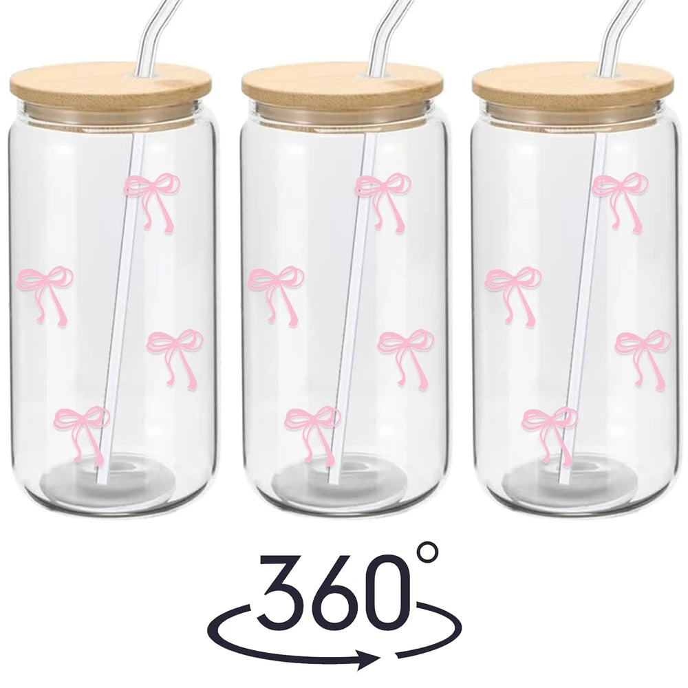 Pink Bow Cute Glass Cups with Lids and Straw Tumbler Glass 500ml for Iced Milk Coffee Smoothie Cocktail Matcha Juice Cup