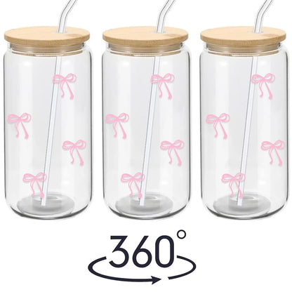 Pink Bow Cute Glass Cups with Lids and Straw Tumbler Glass 500ml for Iced Milk Coffee Smoothie Cocktail Matcha Juice Cup