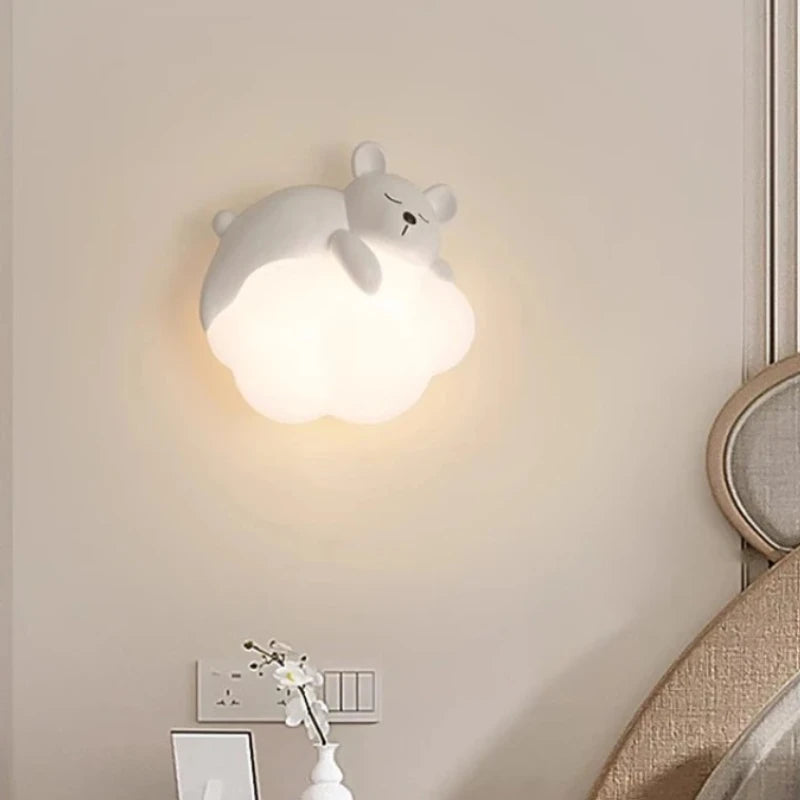 Cute Children's Room Bedside Wall Lamp Bear Rabbit Cloud Lamp Creative Cream Style Baby Room Nursery Boy Girl Bedroom Wall Light