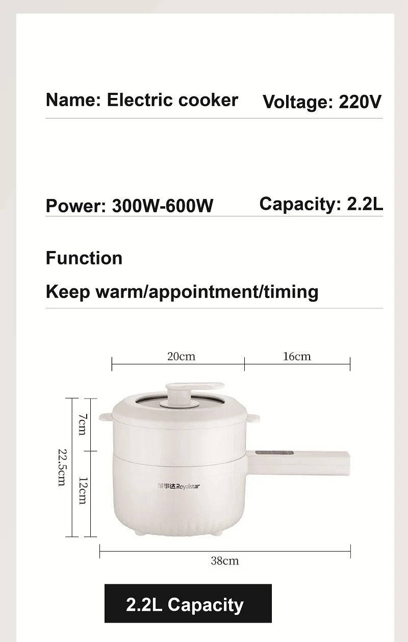 2.2L Electric Cooker Multi-Function Pot Double Layer Home High Capacity Hot Pot Noodle Cooker Non-Stick Pot Kitchen Tool 220V
