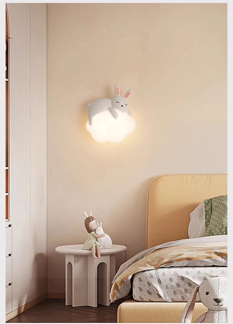 Cute Children's Room Bedside Wall Lamp Bear Rabbit Cloud Lamp Creative Cream Style Baby Room Nursery Boy Girl Bedroom Wall Light