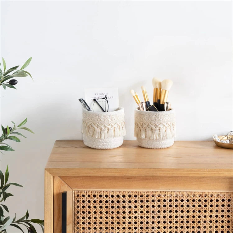 LMETJMA Macrame Makeup Organizer Boho Wicker Pencil Holder Makeup Brush Holder Organizer Comb Brushes Mini Storage Basket