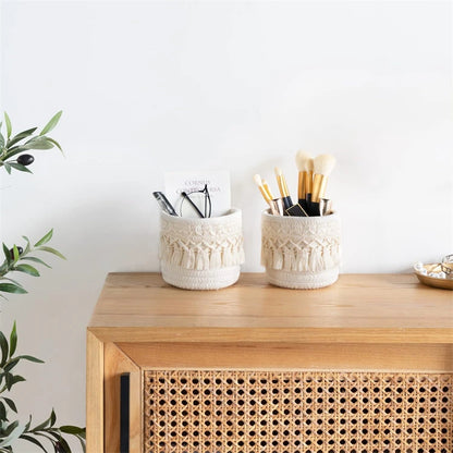 Macrame Makeup Organizer Boho Wicker Pencil Holder Makeup Brush Holder Organizer Comb Brushes Mini Storage Basket