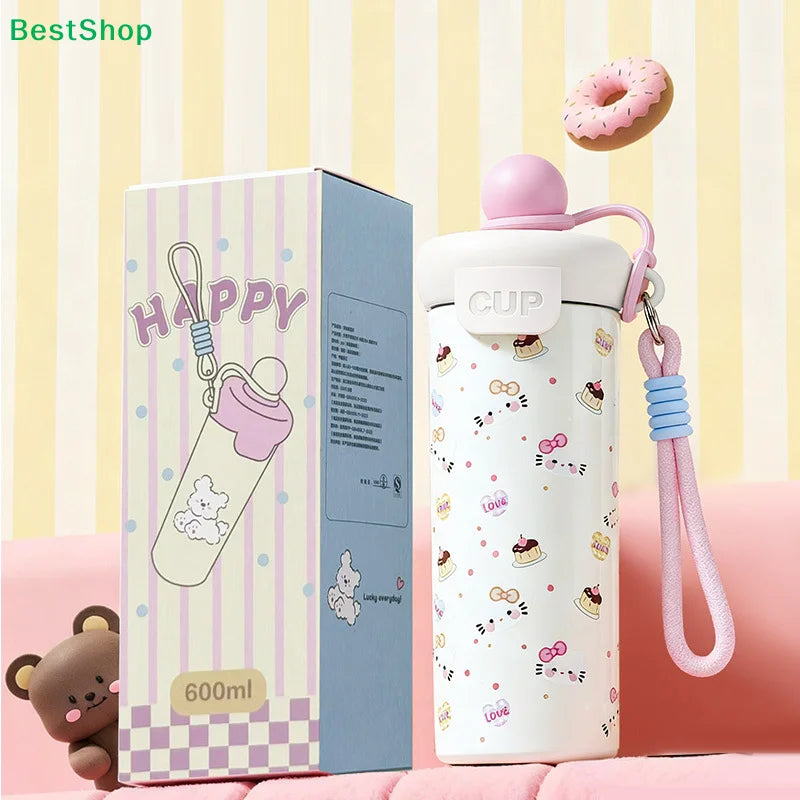 〔R〕Cartoon Animal Float Ball Water Bottle - 316 Stainless Steel Insulated Tumbler with Straw & Carry Strap for Kids and Students