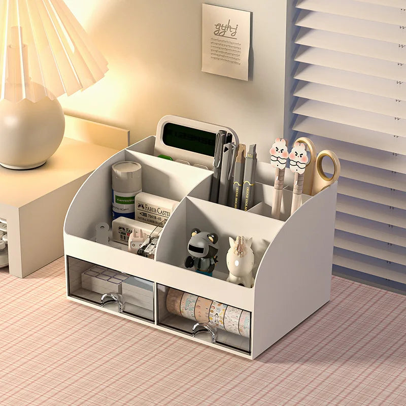Home Office Desktop Stationery Storage Box 6 Compartments 2 Drawers Decorative Desk Organizer Dressing Table Makeup Storage Case