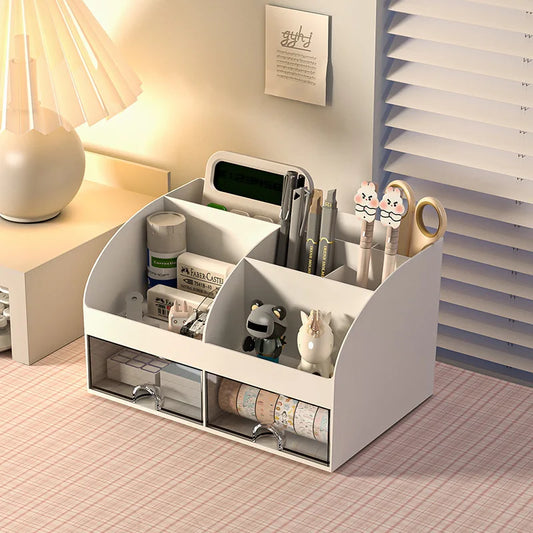 Home Office Desktop Stationery Storage Box 6 Compartments 2 Drawers Decorative Desk Organizer Dressing Table Makeup Storage Case