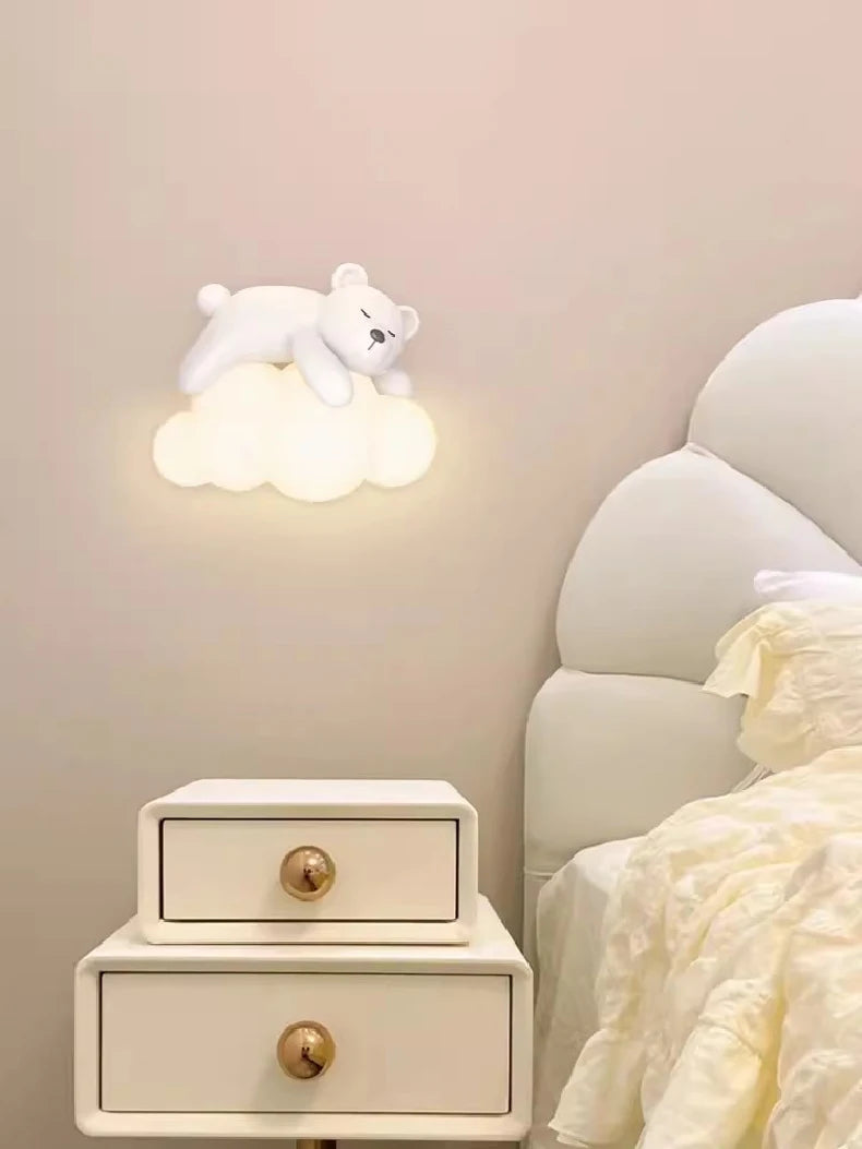 Cute Children's Room Bedside Wall Lamp Bear Rabbit Cloud Lamp Creative Cream Style Baby Room Nursery Boy Girl Bedroom Wall Light