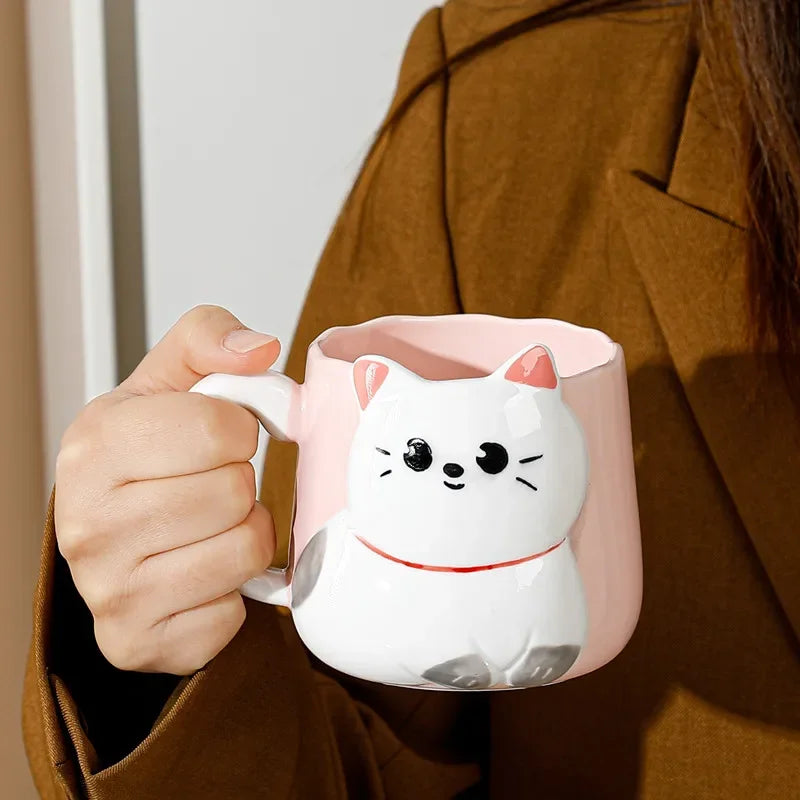 3D Embossed Ceramic Cup Cute Cat Coffee Milk Tea Breakfast Handle Cup Tableware Novelty Gift Home 500ml Mug