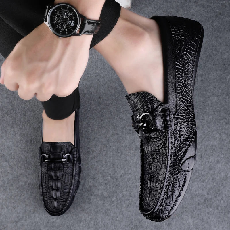 Mens Slip On Loafers Genuine Leather Casual Shoes Driving Moccasins Flats Luxury Brand Classic Black Handmade