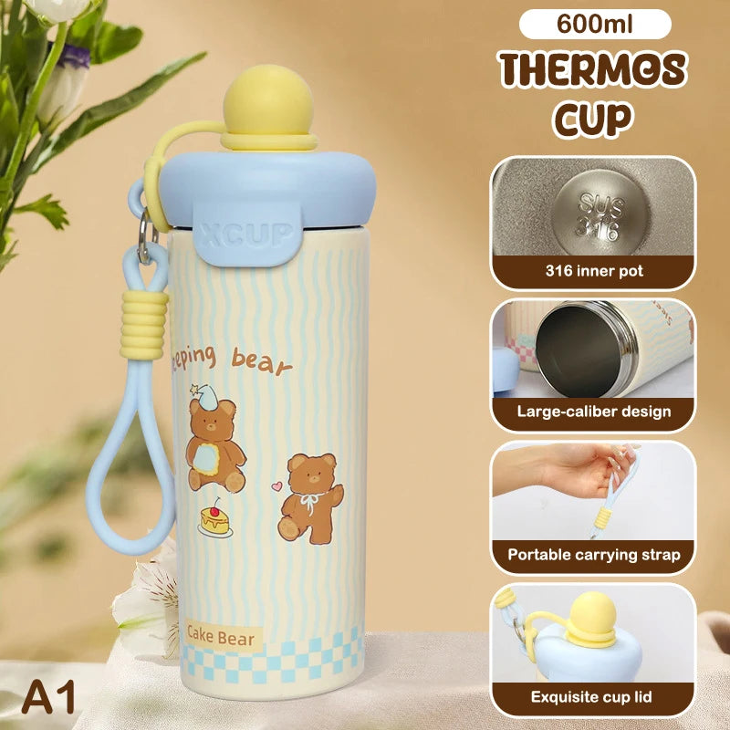 〔R〕Cartoon Animal Float Ball Water Bottle - 316 Stainless Steel Insulated Tumbler with Straw & Carry Strap for Kids and Students