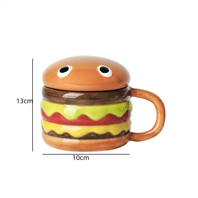 300ml Ceramic Cup Creative Hamburger Coffee Cup Cute Cartoon Children's Mug Breakfast Oatmeal Milk Cups with Lid Home Cups
