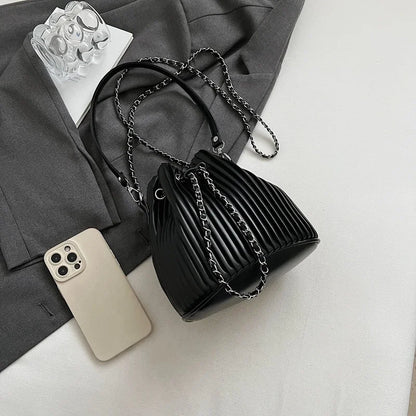 Black Bag For Women Fashion Pleated Strape Design Shoulder Bag Trend Drawstring Bucket Crossbody