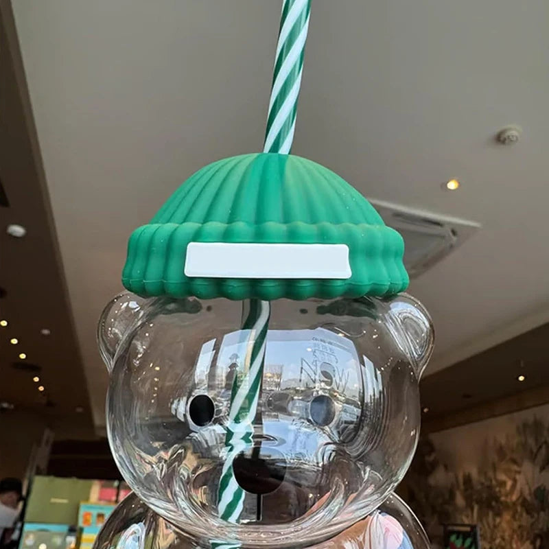 Transparent Bear Shape Plastic Or Glass Cup With Straw Coffee Mug For Men Women Birthday Christmas Gift Beverage Milk Tea Cup