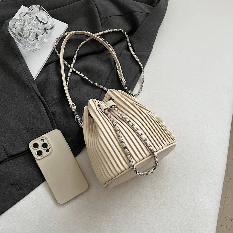 Black Bag For Women Fashion Pleated Strape Design Shoulder Bag Trend Drawstring Bucket Crossbody