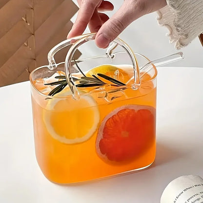 Cute Handbag Shape Glass Tumbler with Straw 770ml Reusable Borosilicate Glass Water Bottle for Smoothies Cocktails Summer Drink PARTY