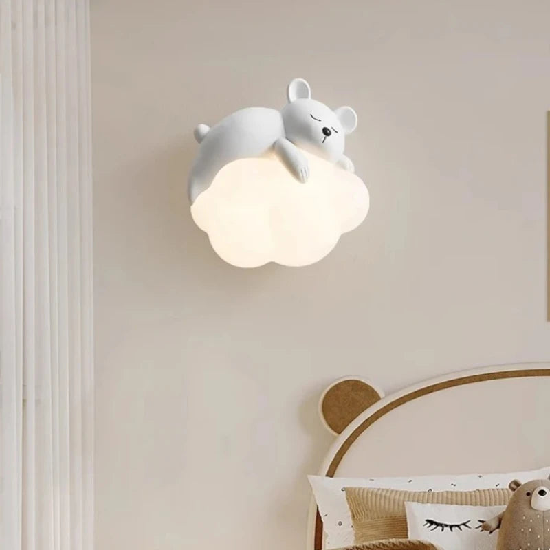 Cute Children's Room Bedside Wall Lamp Bear Rabbit Cloud Lamp Creative Cream Style Baby Room Nursery Boy Girl Bedroom Wall Light