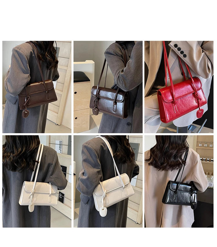 Fashion Red Shoulder Bags For Women Trendy Textured Solid Color Handbag Autumn Winter Versatile Female Underarm Pack