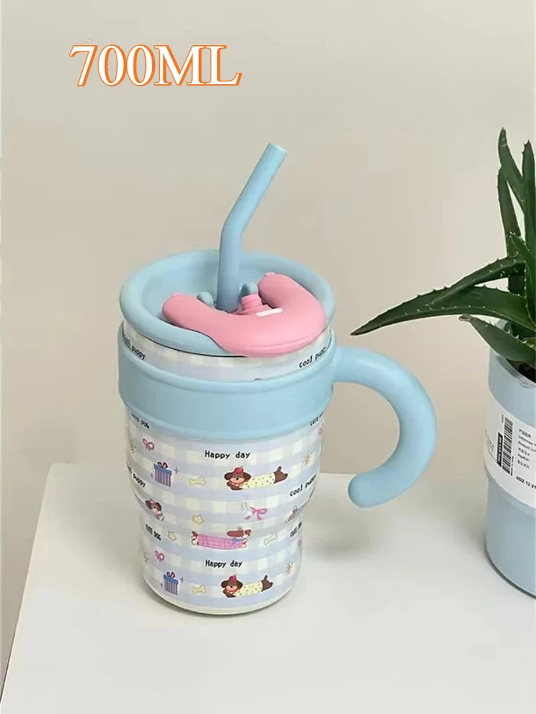 700/1200ml Large Capacity Straw Thermos Cup Stainless Steel Tumbler Bottle Car Travel Mugs With Handle Kawaii Thermos Cup Gift