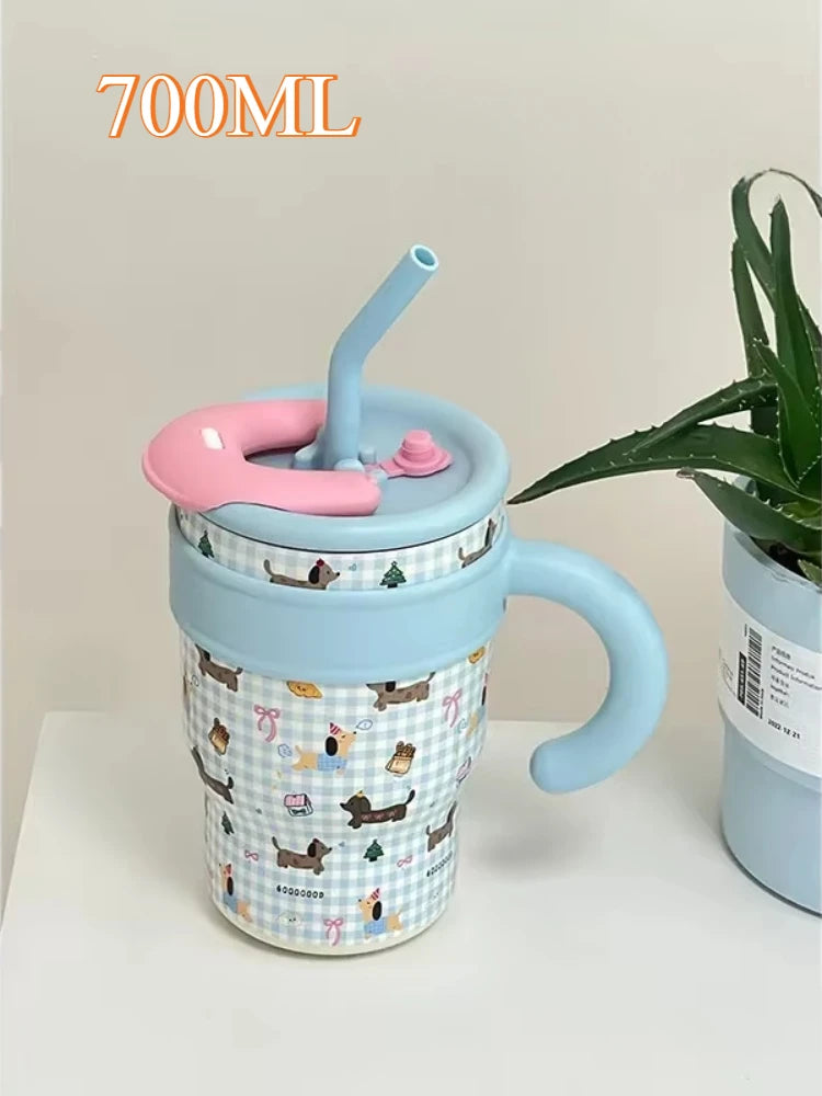 700/1200ml Large Capacity Straw Thermos Cup Stainless Steel Tumbler Bottle Car Travel Mugs With Handle Kawaii Thermos Cup Gift